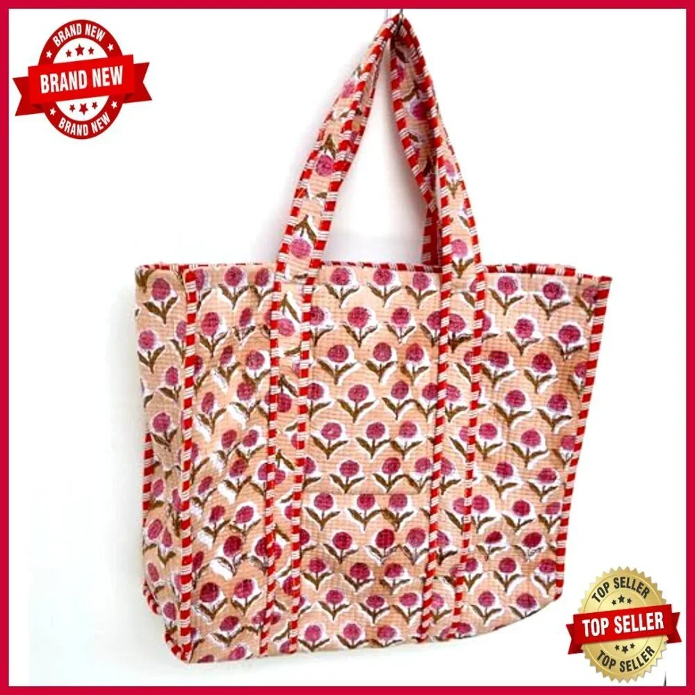 Large Reversible Quilted Cotton Tote Bag Hand Block Print Floral